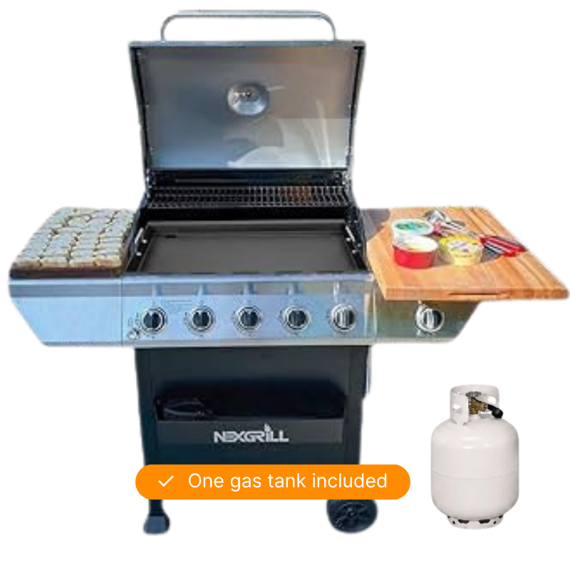 5 burner gas grill with flat top griddle and propane tank included