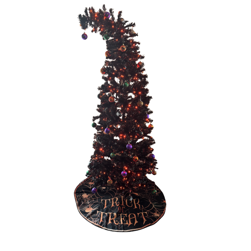 Curved black Halloween tree decorated with orange lights and ornaments
